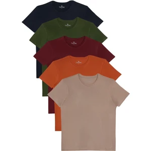 Unisex 5li Paket Lacivert-Haki-Bordo-Tarçın-Vizon Slim Fit Dar Kesim %100 Pamuk Bisiklet Yaka Tişört