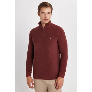 Erkek Slim Fit Dar Kesim Pamuklu Selanik Kumaş Yarım Fermuarlı Kiremit Dik Yaka Sweatshirt