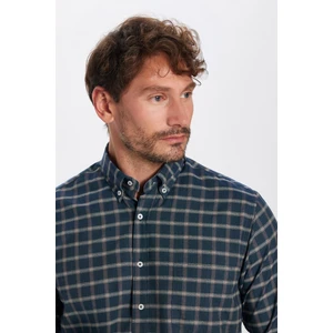 Klasik Fit Uzun Kollu Düğmeli Yaka Küçük Kareli Pamuklu Haki Erkek Gömlek