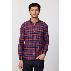 Erkek Regular Fit Klasik Kesim Düğmeli Yaka Küçük Kareli Pamuklu Bordo Gömlek