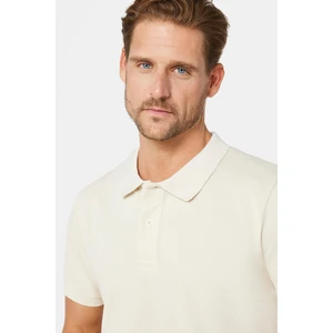 Erkek Slim Fit Dar Kesim Pamuklu Yumuşak Doku Nefes Alan Kumaş Kıvrılmaz Yaka Ekru Polo Yaka Tişört