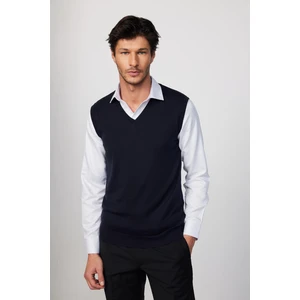 Slim Fit Dar Kesim V Yaka Kendinden Desenli Lacivert Erkek Süveter