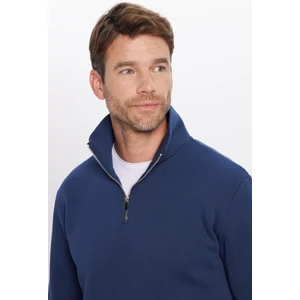 Unisex Relax Fit Rahat Kesim Pamuklu Içi Polarlı Yarım Fermuarlı Lacivert Dik Yaka Sweatshirt