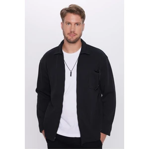Erkek Relax Fit Rahat Kesim Örme Fermuarlı Cepli Kışlık Siyah Klasik Yaka Gömlek