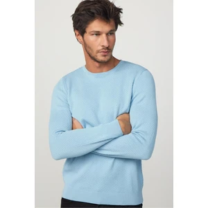 Slim Fit Bisiklet Yaka Petek Desenli Mavi Erkek Standart Fit Normal Kesim Triko Kazak