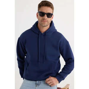Unisex Oversize Geniş Kesim Pamuklu Yumuşak Dokulu İçi Polarlı Basic Lacivert Kapüşonlu Sweatshirt
