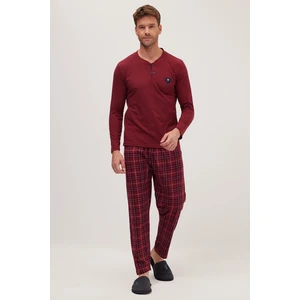 Erkek Regular Fit Pamuklu Düğmeli Yaka Beli Lastikli Desenli Bordo Pijama Takımı