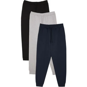 Erkek 3lü Paket Siyah-Lacivert-Gri Regular Fit Beli Bağcıklı Jogger Cepli Lastikli Paça Eşofman Altı