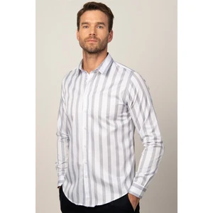 Slım Fit Uzun Kollu Baskılı Çizgili Desenli Erkek Beyaz Gömlek
