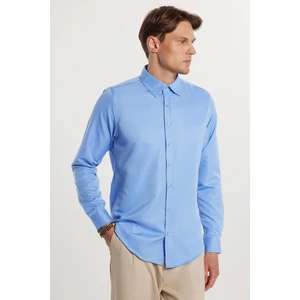 Slim Fit Uzun Kollu Kolay Ütü Teri Emen Nefes Alan Doku Kravatlık Dört Mevsim Mavi Erkek Gömlek