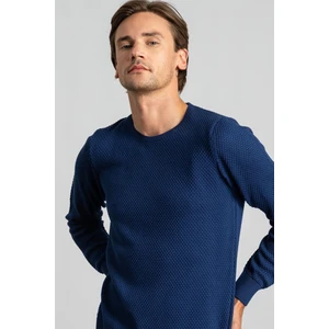 Erkek Standart Fit Normal Kesim Bisiklet Yaka Petek Desenli Koyu Sax Mavi 2 Triko Kazak