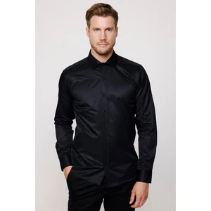 Erkek Modern Slim Fit Düz Saten Pamuklu Lacivert Gömlek