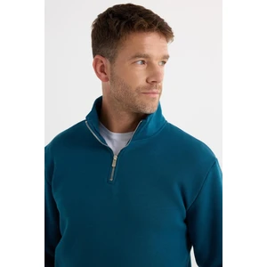 Unisex Relax Fit Rahat Kesim Pamuklu İçi Polarlı Yarım Fermuarlı İndigo Dik Yaka Sweatshirt