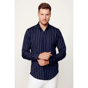 Slim Fit Pamuklu Kolay Ütü Çizgili Lacivert Erkek Gömlek