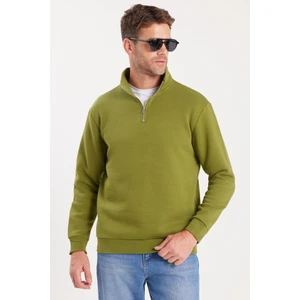 Unisex Relax Fit Rahat Kesim Pamuklu İçi Polarlı Yarım Fermuarlı Haki Dik Yaka Sweatshirt