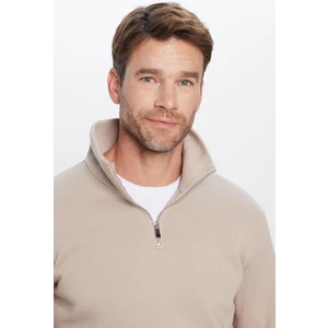 Relax Fit Rahat Kesim Pamuklu Içi Polarlı Yarım Fermuarlı Taş Renk Dik Yaka Sweatshirt