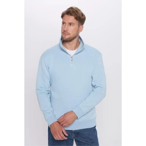 Unisex Relax Fit Rahat Kesim Pamuklu İçi Polarlı Yarım Fermuarlı Mavi Dik Yaka Sweatshirt