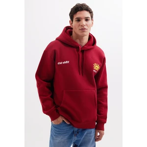 Unisex Oversize Geniş Kesim Pamuklu Yumuşak Dokulu İçi Polarlı Baskılı Bordo Kapüşonlu Sweatshirt