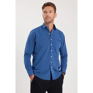 Erkek Regular Fit Klasik Kesim İnce Çizgili Pamuklu Kravatlık Yaka Gömlek