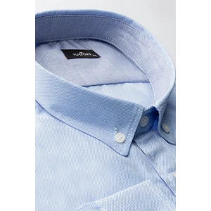 Büyük Beden Uzun Kollu Düğmeli Yaka Armürlü Oxford Mavi Erkek Gömlek