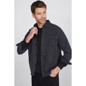 Relax Fıt Uzun Kollu Çift Cep Eskitmeli Siyah Denim Erkek Siyah Gömlek