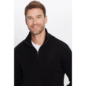 Erkek Slim Fit Dar Kesim Armürlü Fermuarlı Siyah Dik Yaka Kazak