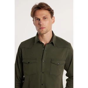 Slim Fit Uzun Kollu Gündelik Denim Kot Unisex Haki Gömlek