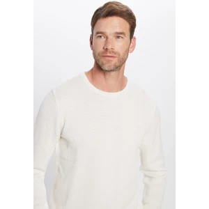 Erkek Slim Fit Dar Kesim Bisiklet Yaka Petek Desenli Beyaz Triko Kazak