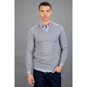 Erkek Standart Fit Normal Kesim V Yaka Pamuklu Gri Triko Kazak