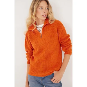 Kadın Oversize Geniş Kesim Dokumalı Fermuarlı Yaka Kiremit Kazak