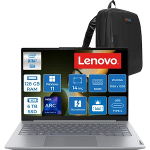 Thinkbook 14 Gen8 Ial Intel Core Ultra 7 255H 5.1ghz 128GB Ddr5 6tb SSD Windows 11 Home Intel Arc 140T 14 Inç Wuxga (1920 x 1200) IPS 300NITS Taşınabilir Bilgisayar 21SJ007ATXH62 + Zetta Çanta
