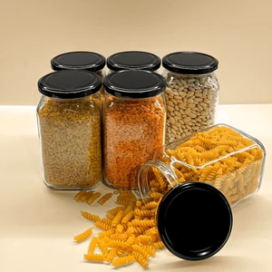Home 6'lı 850 ml Köşeli Cam Kavanoz Seti - Siyah Kapaklı