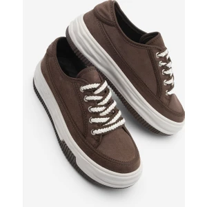 Kadın Sneaker Yüksek Taban Bağcıklı Bez Spor Ayakkabı Kotnel Kahve Süet