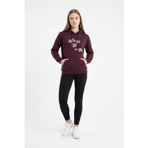 Kadın Kapüşonlu Regular Fit Şardonlu Baskılı Sweatshirt Bordo
