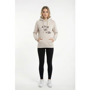 Kadın Kapüşonlu Regular Fit Şardonlu Baskılı Sweatshirt Ekru