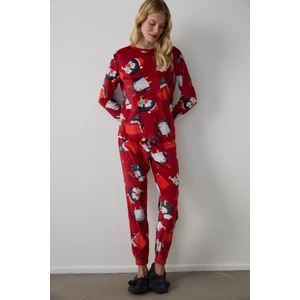 Kırmızı Penguen Desenli Bisiklet Yaka Pijama Takımı