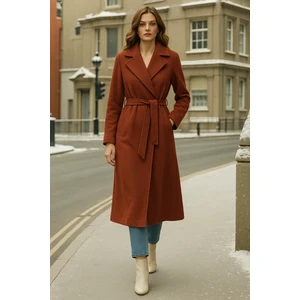 Kadın Kruvaze Premium Kiremit Kaşe Kaban