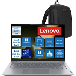 Thinkbook 14 Gen8 Ial Intel Core Ultra 7 255H 5.1ghz 64GB Ddr5 256GB SSD Windows 11 Home Intel Arc 140T 14 Inç Wuxga (1920 x 1200) IPS 300NITS Taşınabilir Bilgisayar 21SJ007ATXH36 + Zetta Çanta
