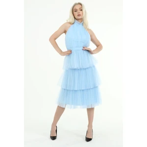 Boyundan Bağlamalı 3 Katlı Tül Abiye Elbise