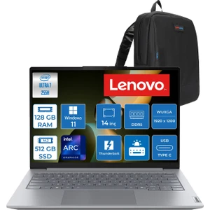 Thinkbook 14 Gen8 Ial Intel Core Ultra 7 255H 5.1ghz 128GB Ddr5 512GB SSD Windows 11 Home Intel Arc 140T 14 Inç Wuxga (1920 x 1200) IPS 300NITS Taşınabilirbilgisayar 21SJ007ATXH58 + Zetta Çanta