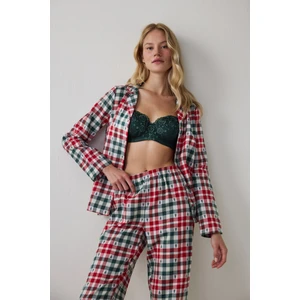 Kırmızı Ekoseli Gömlek Yaka Yılbaşı Pamuklu Pijama Takımı