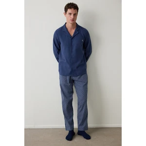 İndigo Melanj Erkek Düğmeli Gömlek Pantolon Pijama Takımı