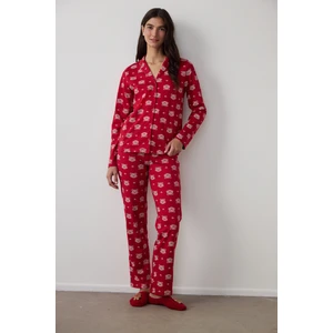Kırmızı Ayı Desenli Gömlek Yaka Uzun Kollu Pamuklu Pijama Takımı