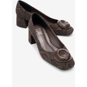 Mıla Kahverengi Desenli Tokalı Kare Burunlu Kadın Kalın Topuklu Ayakkabı