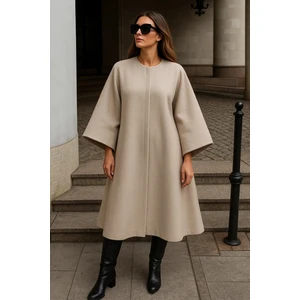 Kadın Oversize Basic Uzun Premium Krem Kaşe Panço