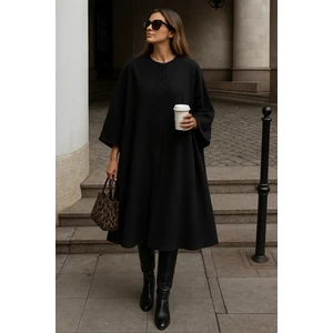 Kadın Oversize Basic Uzun Premium Siyah Kaşe Panço