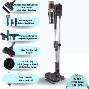 Vion Plus V11 33Kpa H12 Hepa Mop Başlık Led Işıklı Turbo Başlık Dikey Süpürge