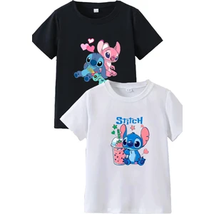 2li Kaliteli Pamuk Penye Kadın Baskılı Tshirt Lilo Stitch Siyah Beyaz Tişört