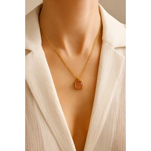 Pembe Taşlı Zarif Vintage Oval Çelik Kolye