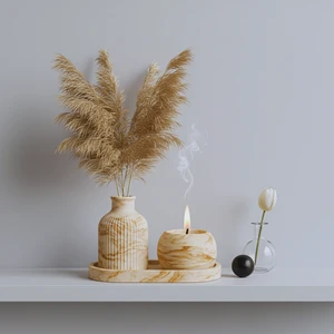 Nevhan Sanat El Yapımı Mermer Desenli Beton Dekor Seti – Vazo, Mumluk ve Oval Tepsi (3 Parça)